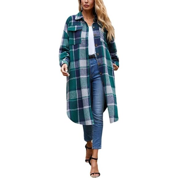 Casual Green Plaid Button Down Long Puff Sleeve Trench Coat Jacket Shacket Wool - Picture 9 of 10